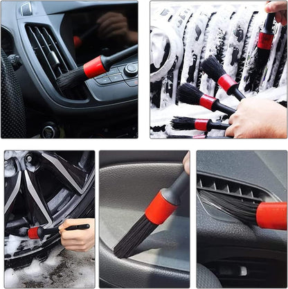 Nurkul 11Pcs Auto Detailing Set, Boar Hair Brushes, Steel Wire & A/C Brushes, Red, Soft Bristles, Wood Handles for Cleaning Interior, Exterior, Leather, 6 Sizes