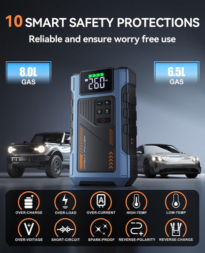 Car Battery Charger Jump Starter with Air Compressor, 4500A Jump Box for Car Battery Portable Jumper Cables with Battery Pack, 12V Jumpstart Combo 150PSI Tire Inflator Air Pump (8.5L Gas/7.0L Diesel)