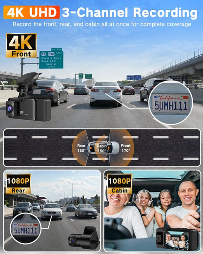 WECOOL 4K UHD 3 Channel Dash Cam Front and Rear Inside, Free 64GB Card Included, 360° Wide-Angle Full-View Dash Camera for Cars with Night Vision, 24H Parking Mode, G-Sensor, Loop Recording, 5GHz WiFi