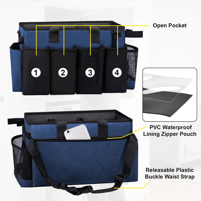 Wearable Large Cleaning Caddy Bag for Housekeeper, Clean Supply Organizer with Adjustable Shoulder, Waist & Handle Straps, Detailing Bag for Kitchen Supplies (Black)