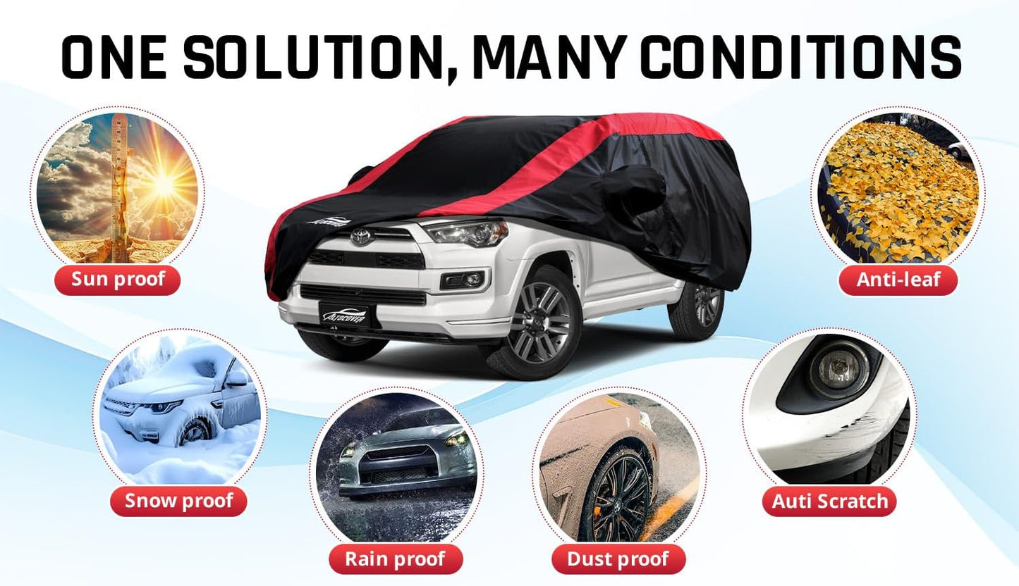 Car Cover Waterproof All Weather Protection with Red Stripe Design, Universal Fit Toyota Camry Solara, Ford Fusion, Kia Stinger Optima, Nissan Maxima, VW Passat, Subaru Legcy