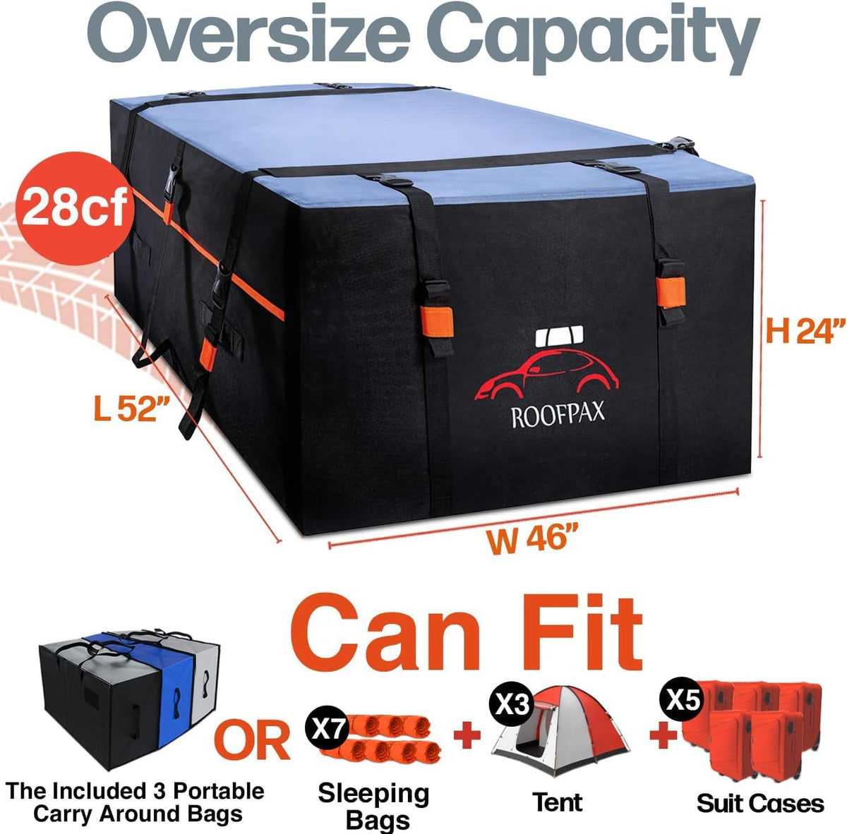 RoofPax 23 cft. Extra Waterproof Rooftop Cargo Carrier Bag, Double Weatherproof Zippers,10 Heavy-Duty Tie-Down Straps fit Cars with/Without a Rack or Side Rails, Safety Hooks Included