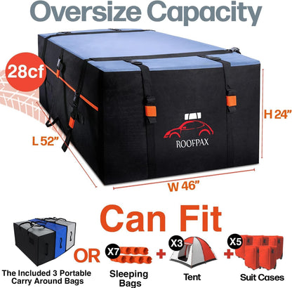 RoofPax 23 cft. Extra Waterproof Rooftop Cargo Carrier Bag, Double Weatherproof Zippers,10 Heavy-Duty Tie-Down Straps fit Cars with/Without a Rack or Side Rails, Safety Hooks Included