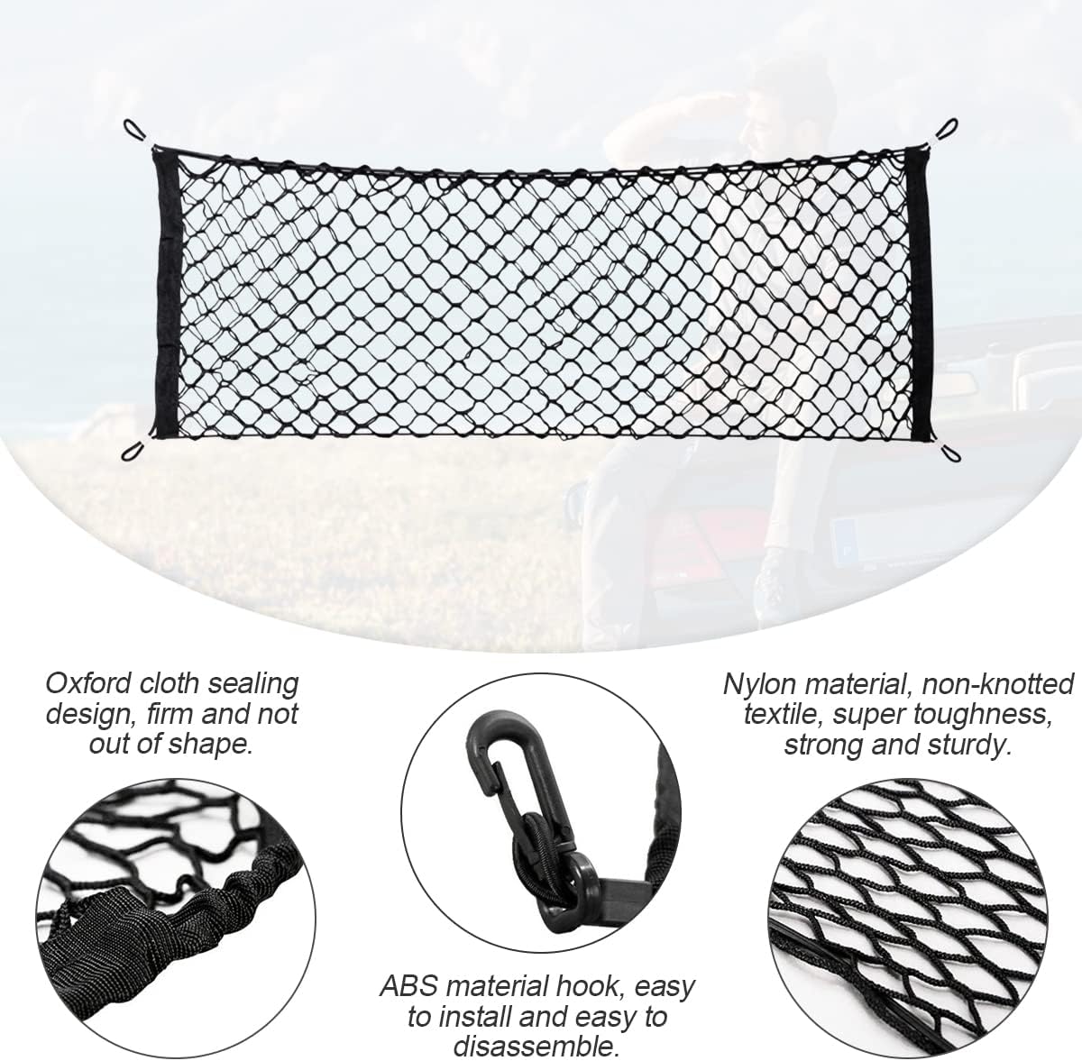 Car Rear Cargo Net, Adjustable Elastic Storage Organizer Net, Trunk Cargo Storage Net, Universal Fit for Car, Vehicle, SUV (43.3"x 15.8")