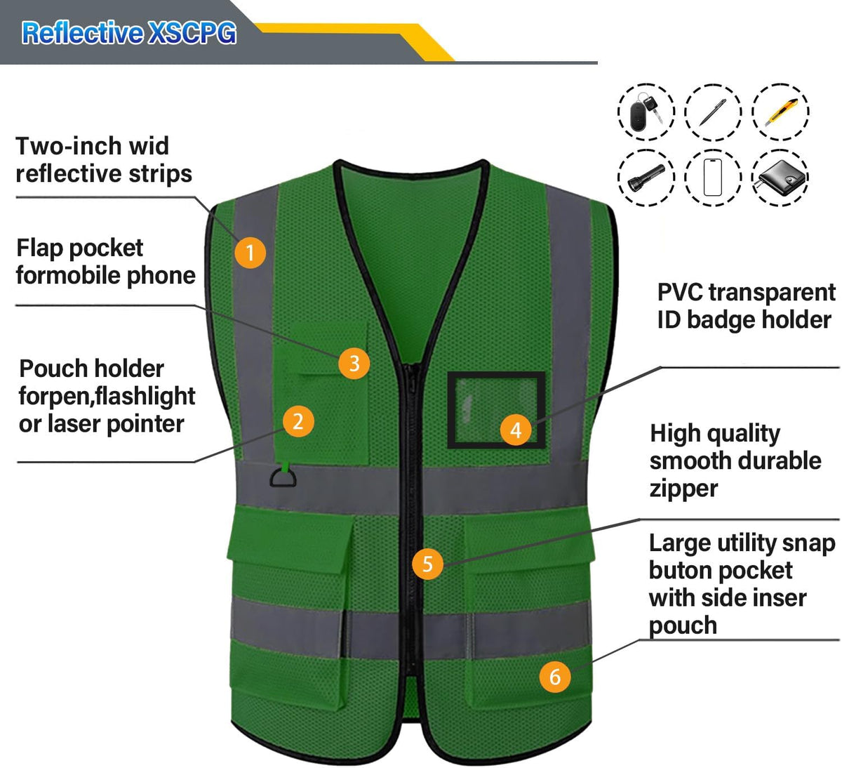 Reflective Mesh Safety Vest, Breathable Hi Vis Vest Construction Work with 5 Pockets and Zipper for Men Women