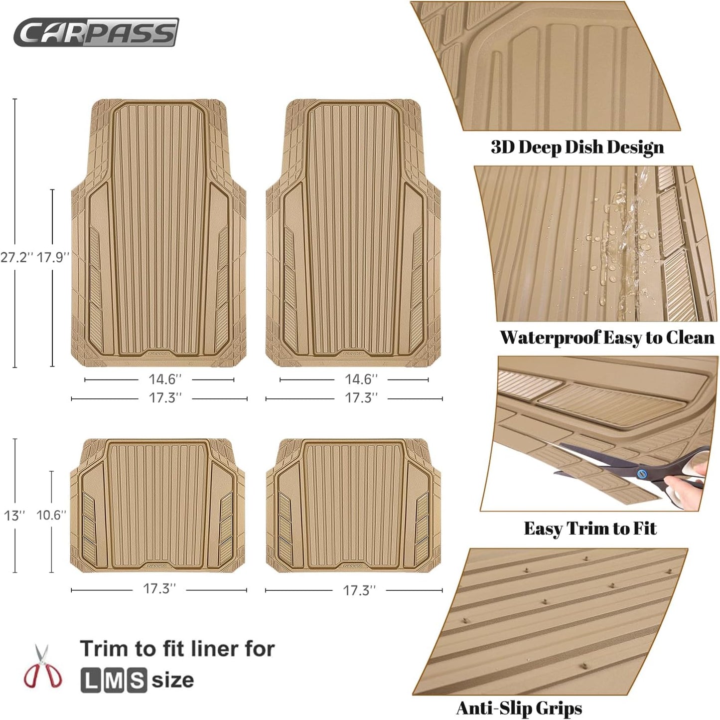 CAR PASS Heavy Duty Rubber Car Mats Metallic, Aluminum Film All Weather Floor Mats Waterproof Universal Trim to Fit Automotive SUV Sedan Van 4 Piece Anodized Deep Dish Two-Tone Sporty Black Red Chrome