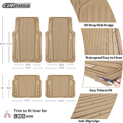 CAR PASS Heavy Duty Rubber Car Mats Metallic, Aluminum Film All Weather Floor Mats Waterproof Universal Trim to Fit Automotive SUV Sedan Van 4 Piece Anodized Deep Dish Two-Tone Sporty Black Red Chrome