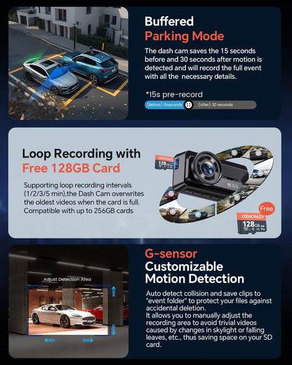 Coolcrazy 4K Dash Cam Front and Rear, STARVIS Sensor, Free 128GB Card Included, 5GHz WiFi-up to 20MB/s, Dual Dash Camera for Cars, Built-in GPS, G-Sensor, WDR/HDR Super Night Vision, 24H Parking Mode