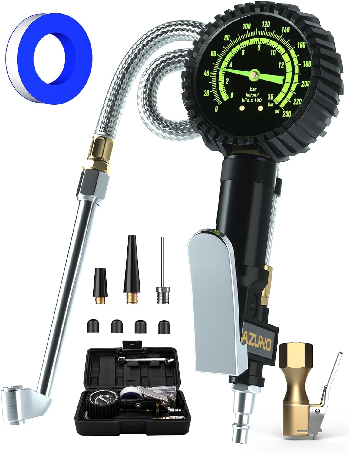 AZUNO Digital Tire Inflator with Pressure Gauge, 200 PSI, Heavy Duty Air Compressor Accessories, with Rubber Hose Lock on Air Chuck and Quick Connect Coupler, Comes with a Portable Carrying Box