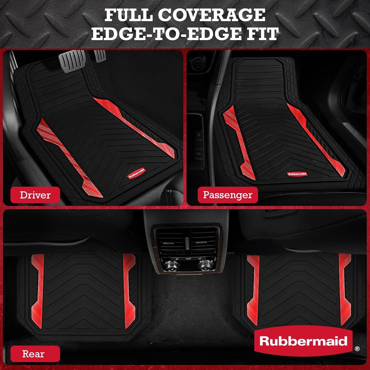 Rubbermaid Car Floor Mat, Heavy Duty All-Weather Car Mats Full Set with Dual-Tone Pink Aluminum Inserts – Universal Fit, Anti-Slip Backing, Trim-to-Fit for Most SUV, Sedan, Van