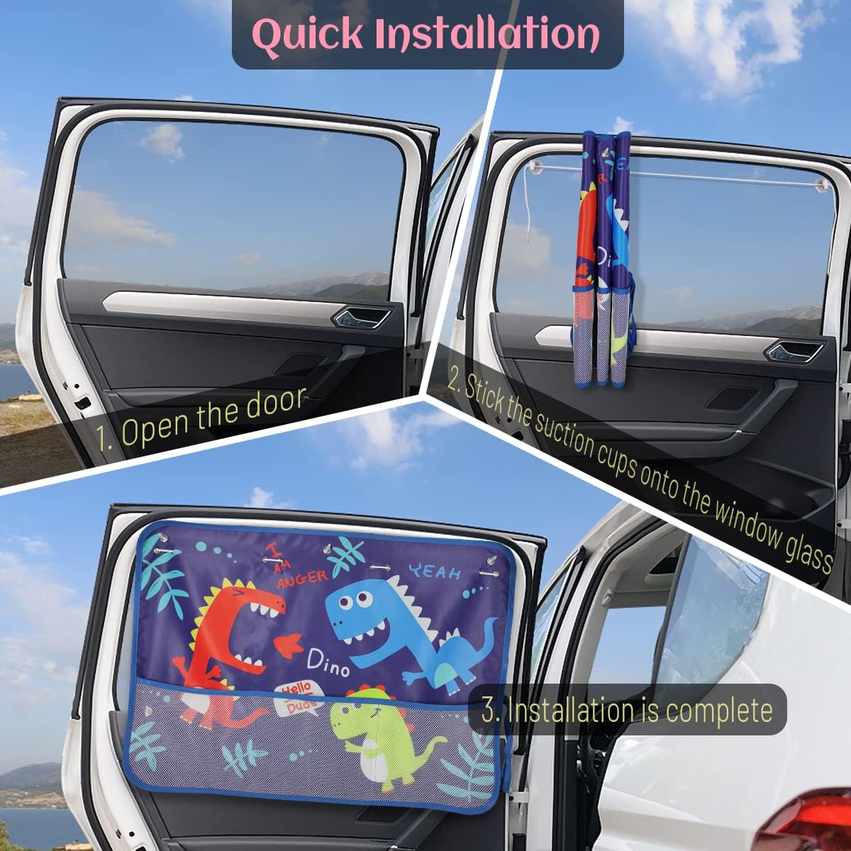 Car Sun Shade Side Window, 2 Pcs Blackout Car Window Shade for Baby Privacy with Storage Net Pockets Auto Curtains 7 Suction Cups for Heat/UV Protection Sun Block Covers