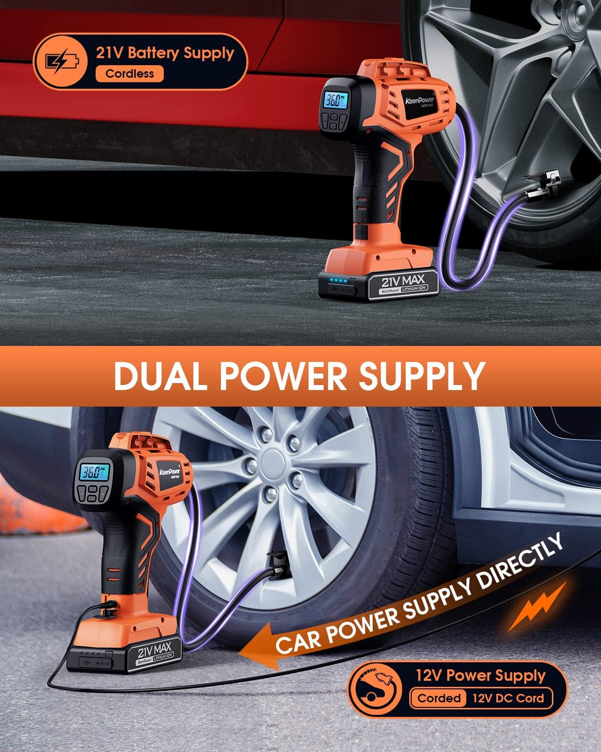 KeenPower Tire Inflator Portable Air Compressor - Super Fast - 21V Rechargeable Battery Powered Handheld 160PSI Tire Inflator, Dual Power Supply Modes, Portable Air Pump for Car Motorcycle E-Bike