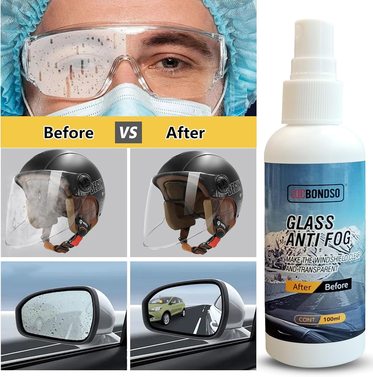 LOCBONDSO Anti Fog Spray for Glasses, Eye Glasses, Swim Goggles, Ski Goggles, Car Windshield, Prevent Fogging, Improve Visibility, Safe for All Lenses - 100ml