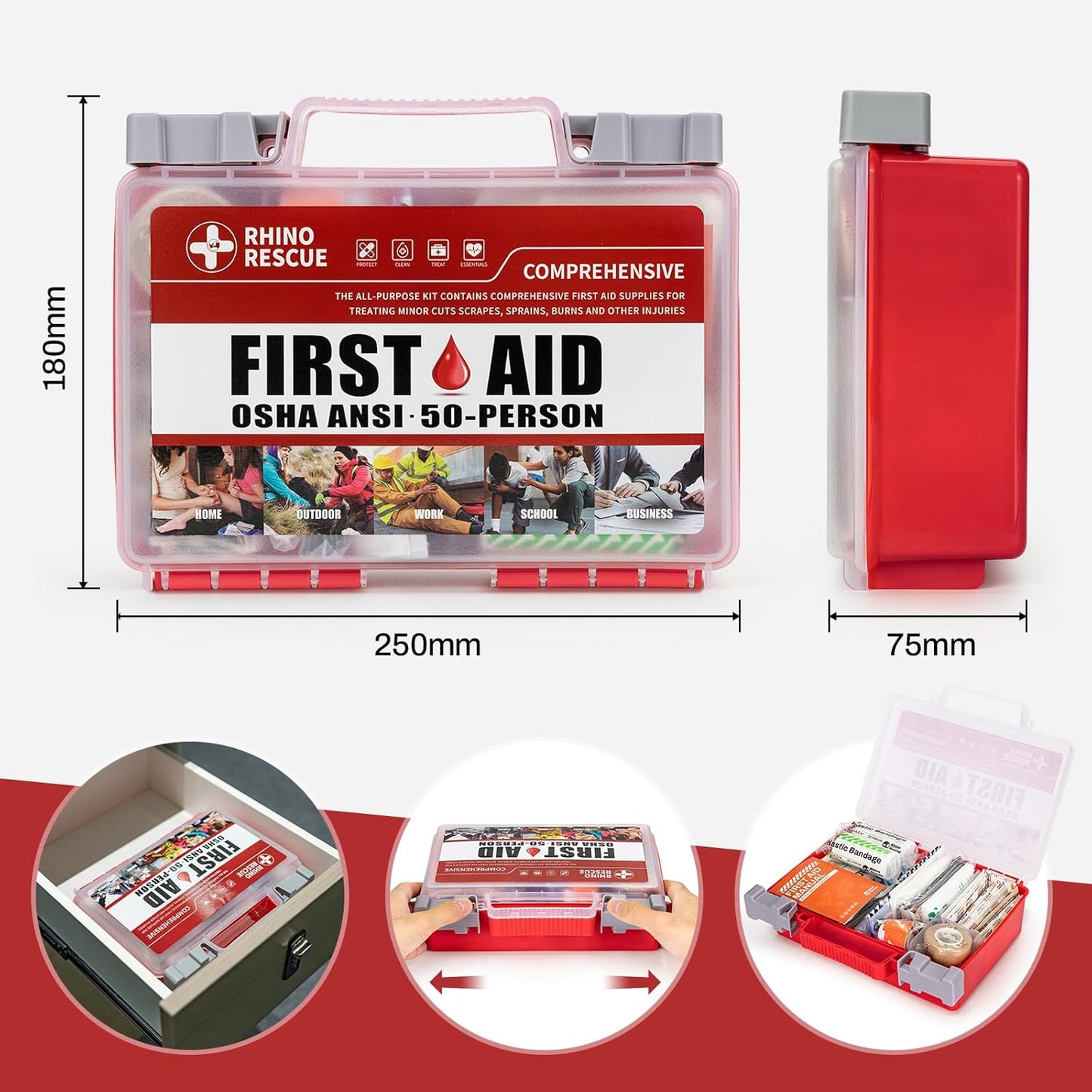 RHINO RESCUE 371 Pieces OSHA All-Purpose First Aid Kit, 100-Person Home & Office Professional Medical Supplies, Ideal for Emergency, School, Business