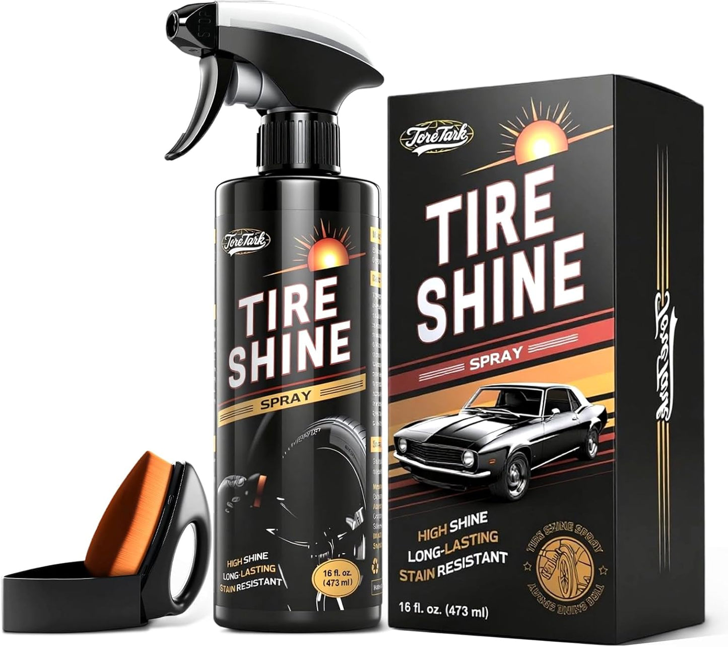 toretark Ceramic Tire Shine Spray — High-Gloss Wet Look Tire Coating with Ultra-Dense Nylon Brush Applicator, UV Protection, Long-Lasting Shine for Car Truck RV Motorcycle (16 Fl Oz)