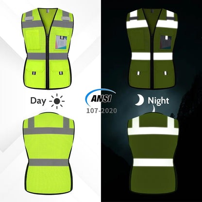 Reflective Vest for Women, Mesh Womens Safety Vest with 11 Pockets and Zipper, Hi Vis Neon Construction Work Vest for Lady Surveyors/Workers, Snugly-Fitted, ANSI Compliant (U-Yellow, S)