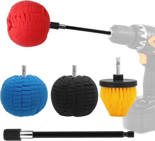 Linkstyle 5PCS Drill Polishing Ball Set, Car Wheel Polisher Sponge Pad Kit with Long Extension Pole & Cleaning Brush, Buffing Ball for 1/4" Hex Drill, Car Rim and Metal Surface Polishing Tool