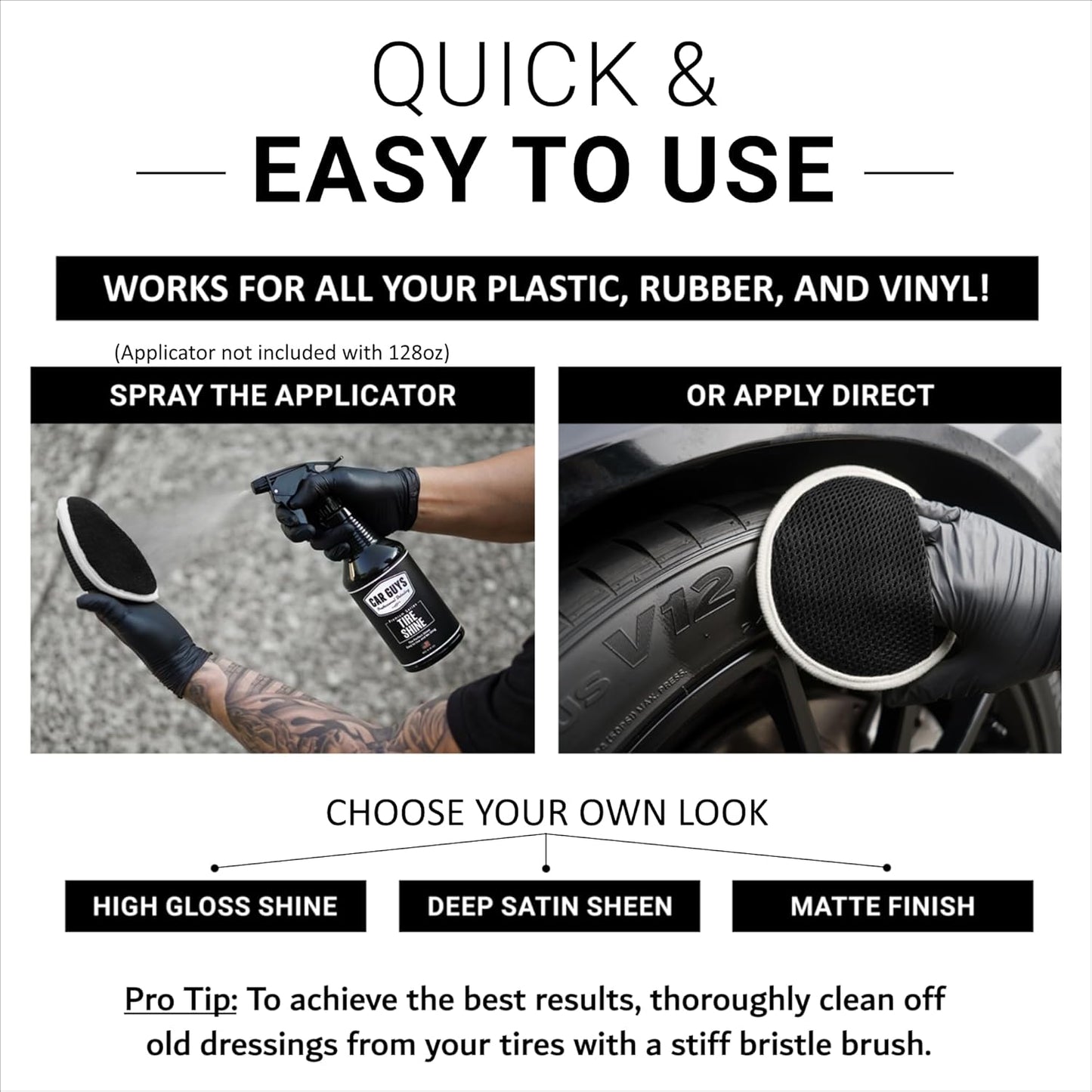 CAR GUYS Tire Shine Spray - The Perfect Deep Black Shine - Long Lasting Car Tire Dressing - No Sling & Dry to Touch - 18 Oz Kit with Applicator
