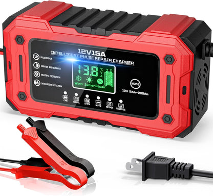 Battery Charger 15A 12V Fully Automatic Smart Trickle Car Battery Charger Maintainer with LCD Display & Temperature Compensation for Car Truck Motorcycle Lawn Mower Boat