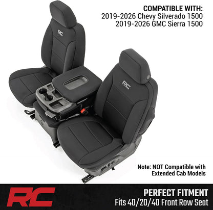 Rough Country Neoprene Seat Covers for Chevy Silverado & GMC Sierra 1500 (2019-2026) w/No Rear Seat Storage or Cup Holder - Waterproof & UV Resistant, Foam Padded, Front & Rear Row Cover Set