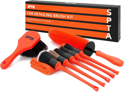 SPTA 8Pcs Wheel & Tire Brush Car Detailing kit, Easy Reach Wheel and Rim Brush, 5pcs Detailing Brushes, Short Handle Cleaning Brush, 1pc Microfiber Cleaning Cloth, Great to Clean Dirty Tires