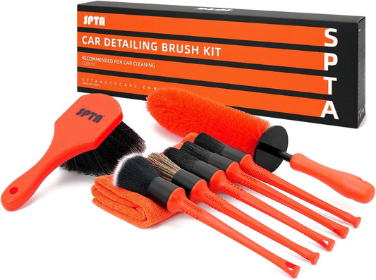 SPTA 8Pcs Wheel & Tire Brush Car Detailing kit, Easy Reach Wheel and Rim Brush, 5pcs Detailing Brushes, Short Handle Cleaning Brush, 1pc Microfiber Cleaning Cloth, Great to Clean Dirty Tires