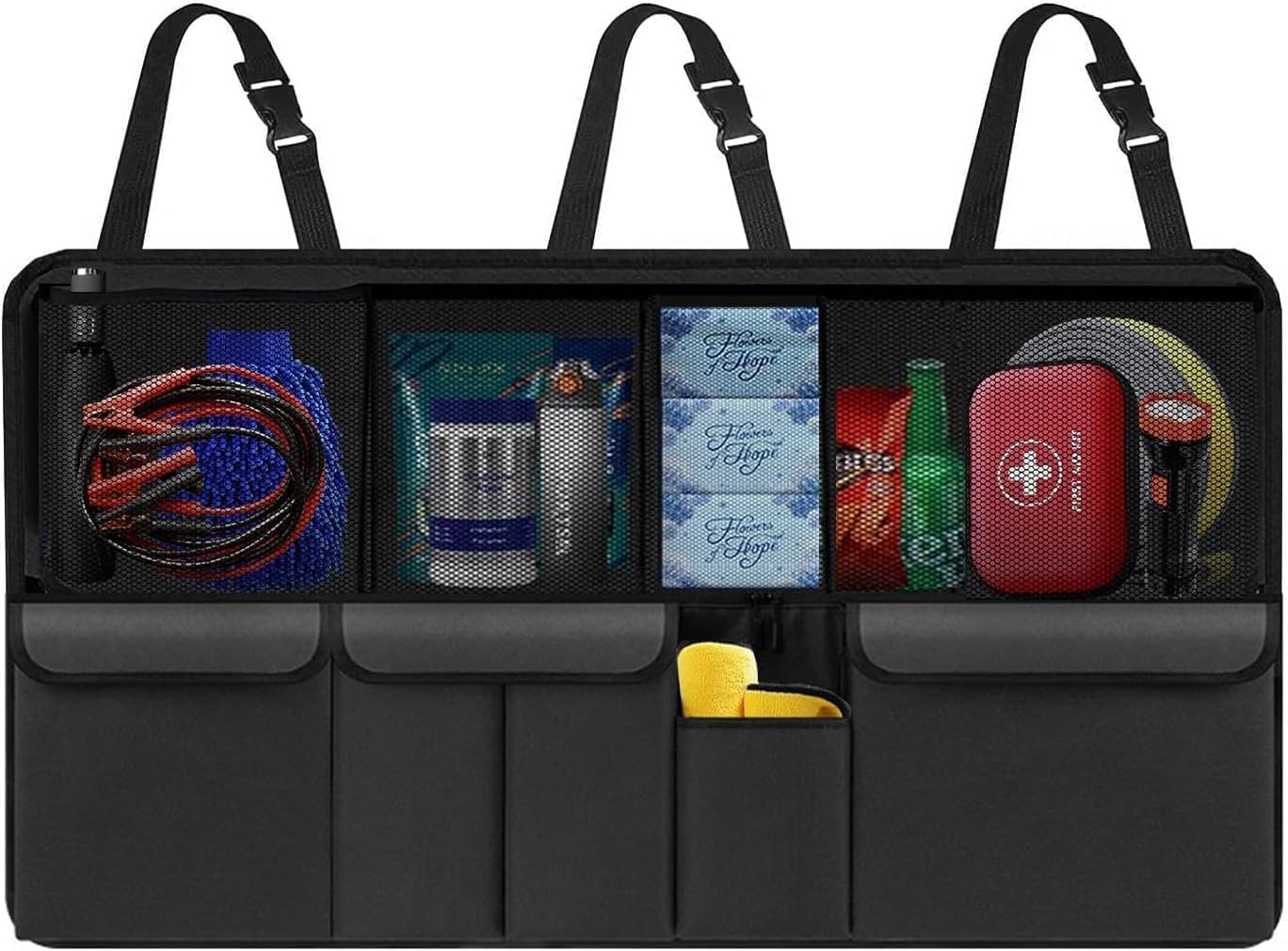 Car Trunk Organizer with 9 Large Pockets, Car Storage Organizer for SUV/MPV/Truck, Space Saver Travel Accessories (Black)