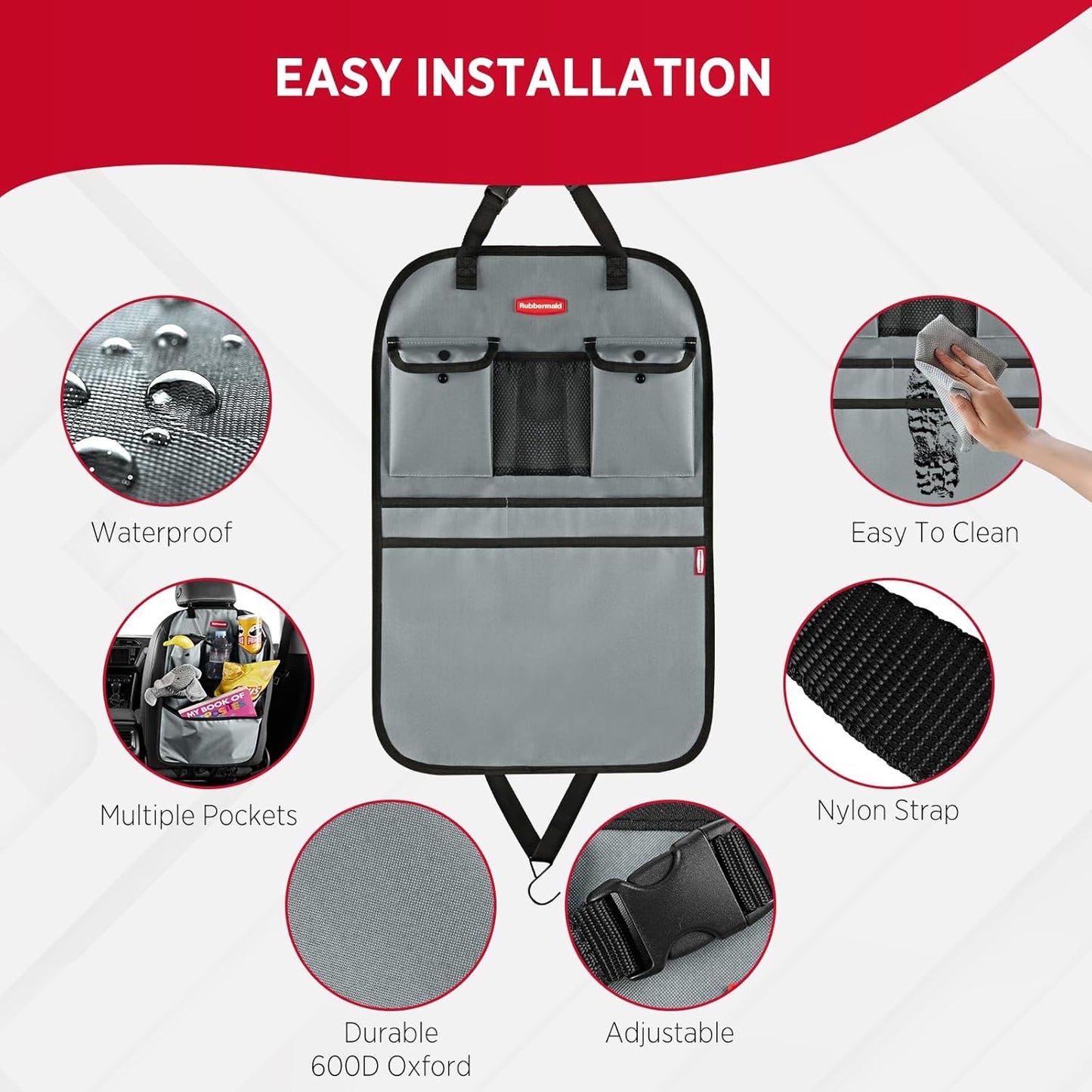 Rubbermaid Backseat Car Organizer, Kick Mats and Seat Back Protector, Car Organizer for Kids with 6 Storage Pockets, Travel Essentials for SUV, Truck, Car - 2 packs Gray