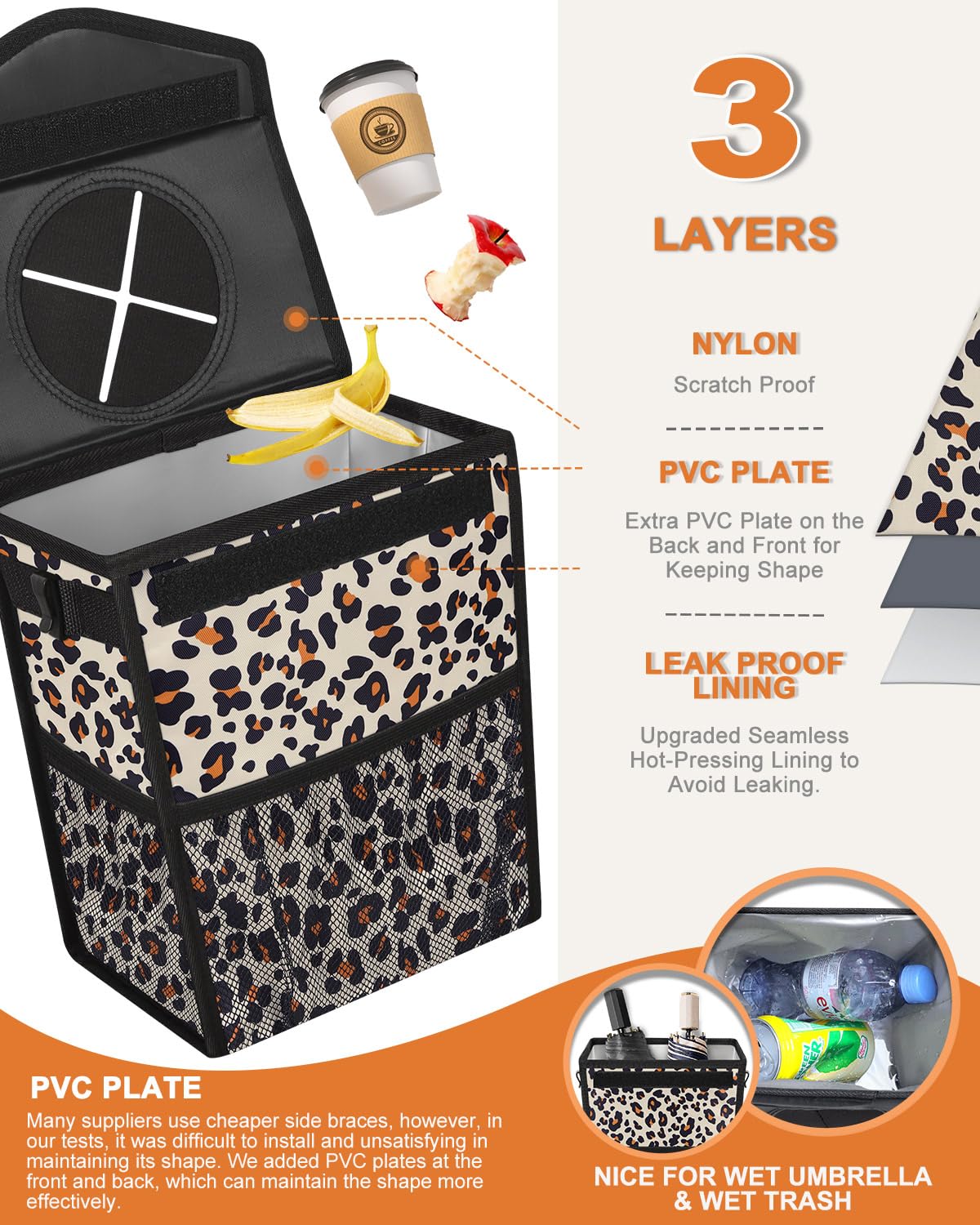 Pritent Car Trash Can with Lid, Cute Leakproof Car Trash Garbage Bag Hanging Vehicle Trash Bin Small Portable Automotive Garbage Cans Organizer for Back/Front Seat/Console(Trapezoid,Black)