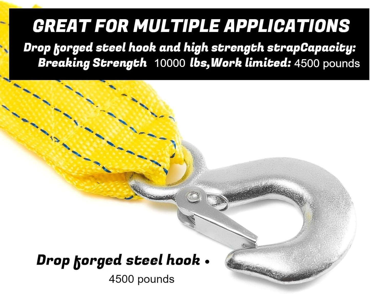 Tow Strap 118 Inch Heavy Duty 10,000 LB Capacity, Boat Winch Strap with Reinforced Loops, Recovery Tow Rope for Vehicle Off-Road & Marine Use, Boat Winch Strap with Hook Alternative
