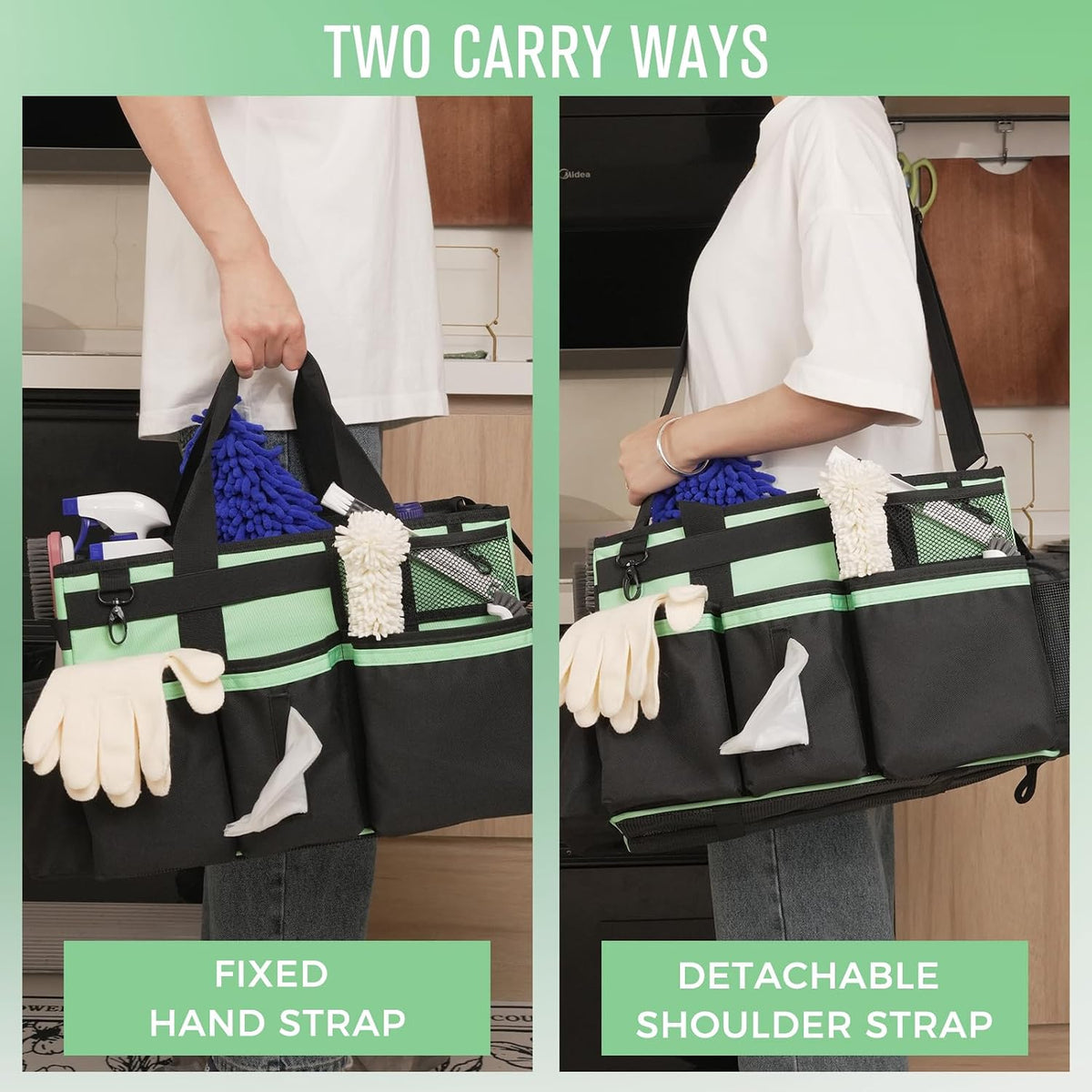 SCAVATA Wearable Cleaning Caddy Organizer with Handle & Shoulder Straps for Housekeepers, Under Sink & Car Cleaning Tool Organizer Bag with 4 Foldable Dividers (Green)