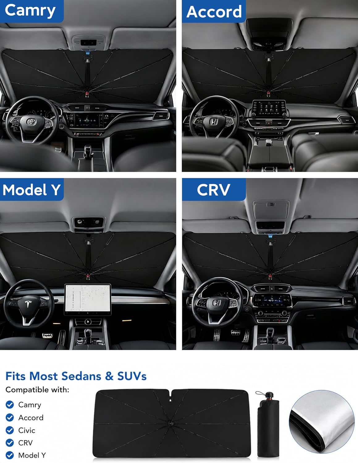 Windshield Sun Shade Umbrella for Car, Foldable Car Windshield Sunshade UV Block Heat Insulation, Fits Sedan SUV Truck, Compatible with Camry Accord Civic CRV Model Y Ideal Gifts for Men & Women