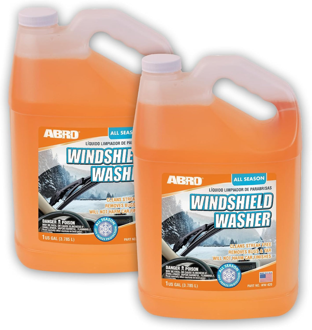 ABRO Windshield Washer Fluid Ready to Use Formula - 1 Gallon, Pre-Mixed, Streak-Free Cleanliness, 2-In-1 Removes Bugs & Tar