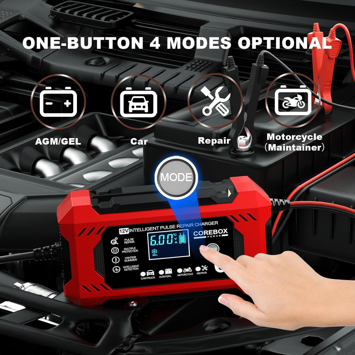 Corebox Battery Charger 6-Amp 12V Automatic Smart Battery Trickle Charger, Battery Maintainer Desulfator with Temperature Compensation for Car Truck Motorcycle Lawn Mower Marine