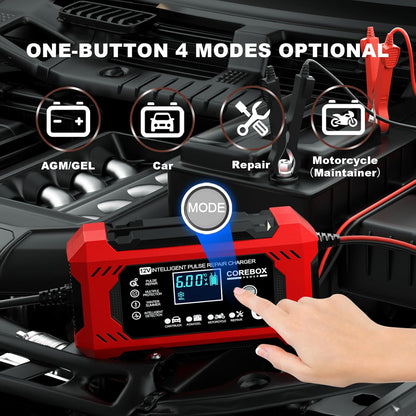 Corebox Battery Charger 6-Amp 12V Automatic Smart Battery Trickle Charger, Battery Maintainer Desulfator with Temperature Compensation for Car Truck Motorcycle Lawn Mower Marine