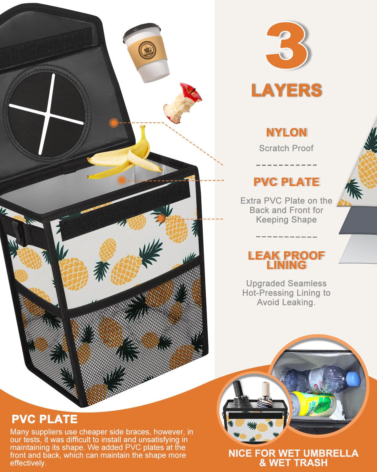 Pritent Car Trash Can with Lid, Cute Leakproof Car Trash Garbage Bag Hanging Vehicle Trash Bin Small Portable Automotive Garbage Cans Organizer for Back/Front Seat/Console(Trapezoid,Black)