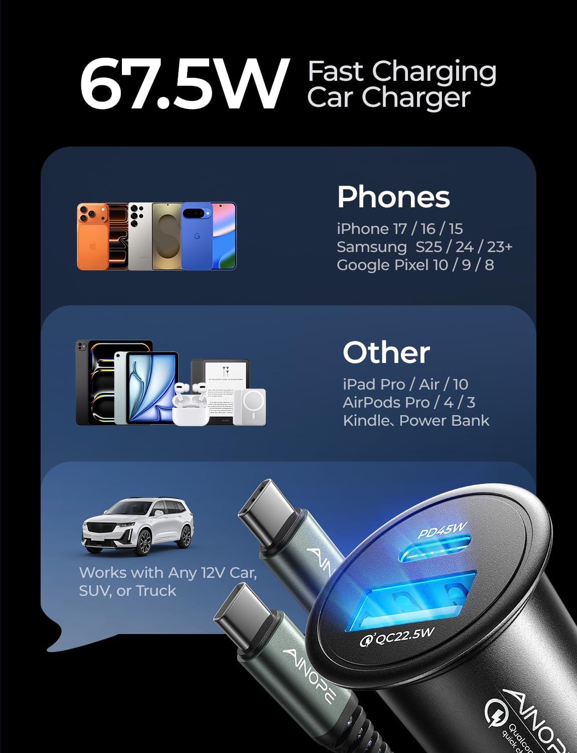 AINOPE 67.5W Car Charger USB C Fast Charge, PD 45W USB C Car Charger Fast Charging【Mini & Metal】 Cigarette Lighter Adapter USB-C Type C Car Charger for iPhone 17 16 15 Pro Max, for Samsung S26 S25