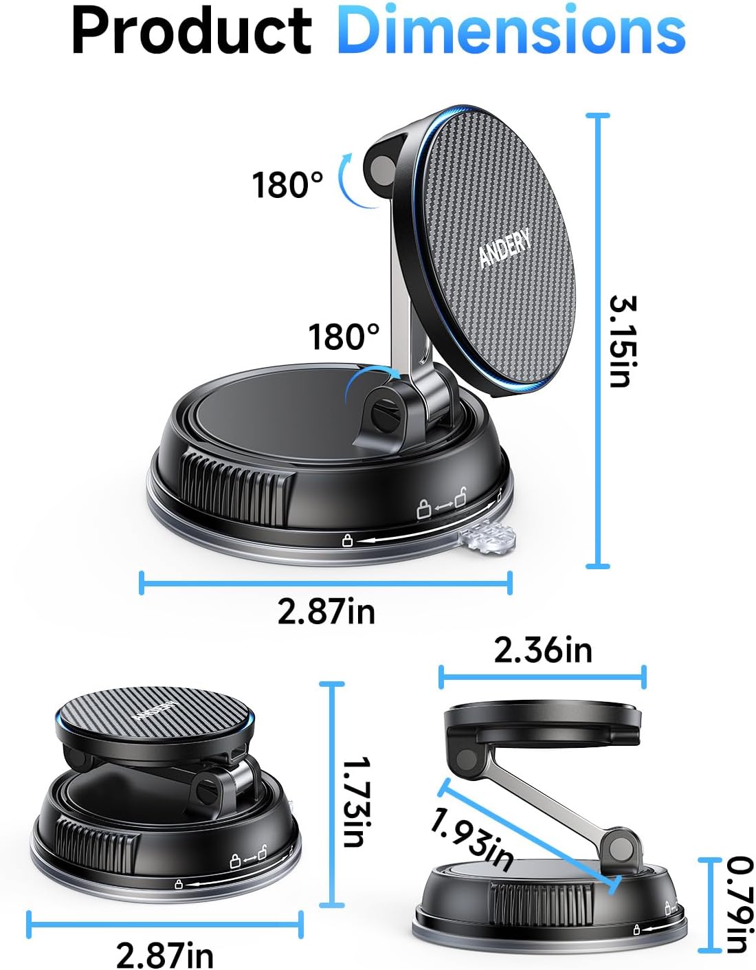 ANDERY Only for iPhone Magsafe Car Mount Charger [15W Fast Wireless Charge, 78+LBS Strong Suction & 2400gf Magnetic] 360° Adjustable Car Phone Holder, Phone Holders for Your Car Dash Accents Accessory