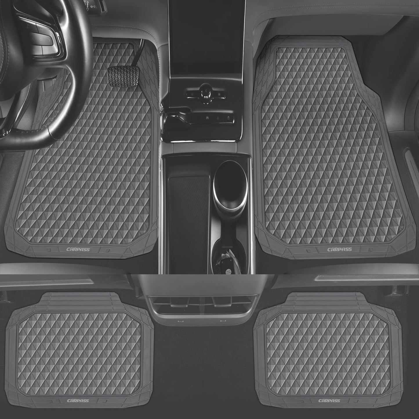 CAR PASS Black Rubber Car Mats, All-Weather Floor Mats Full Set Durable Anti-Slip 3D Rhombus Waterproof Automotive Pad Trim to Fit Liner Universal Fit for Sedan SUV Truck Van, 4 Pcs All Black Rubber