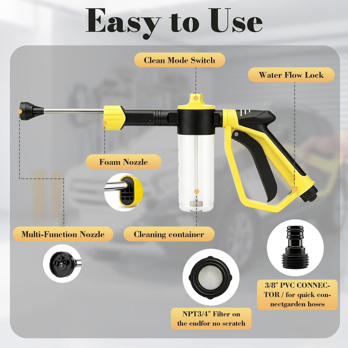 Car Wash Foam Gun for Garden Hose - High Pressure Foam Cannon Car Wash Kit with 3 Spray Modes - Professional Car Wash Hose Sprayer for Cars, Trucks, RVs, Motorcycles & More, Yellow