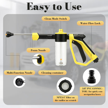 Car Wash Foam Gun for Garden Hose - High Pressure Foam Cannon Car Wash Kit with 3 Spray Modes - Professional Car Wash Hose Sprayer for Cars, Trucks, RVs, Motorcycles & More, Yellow