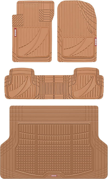 Motor Trend FlexTough Advanced Heavy Duty Beige Rubber Car Floor Mats & Cargo Liner for SUV & Car Full Set - Universal Trim to Fit All Weather Automotive Floor Mat & Cargo Liners for SUV, Car, & Van
