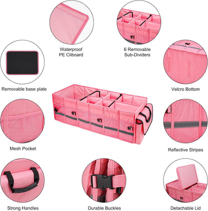 Car Trunk Organizer and Storage with Lid & Removable Leakproof Cooler Bag, Car Accessories 6 Removable Dividers for Custom Space, Collapsible Large Trunk Organizers Interior for SUV Sendan with Cover