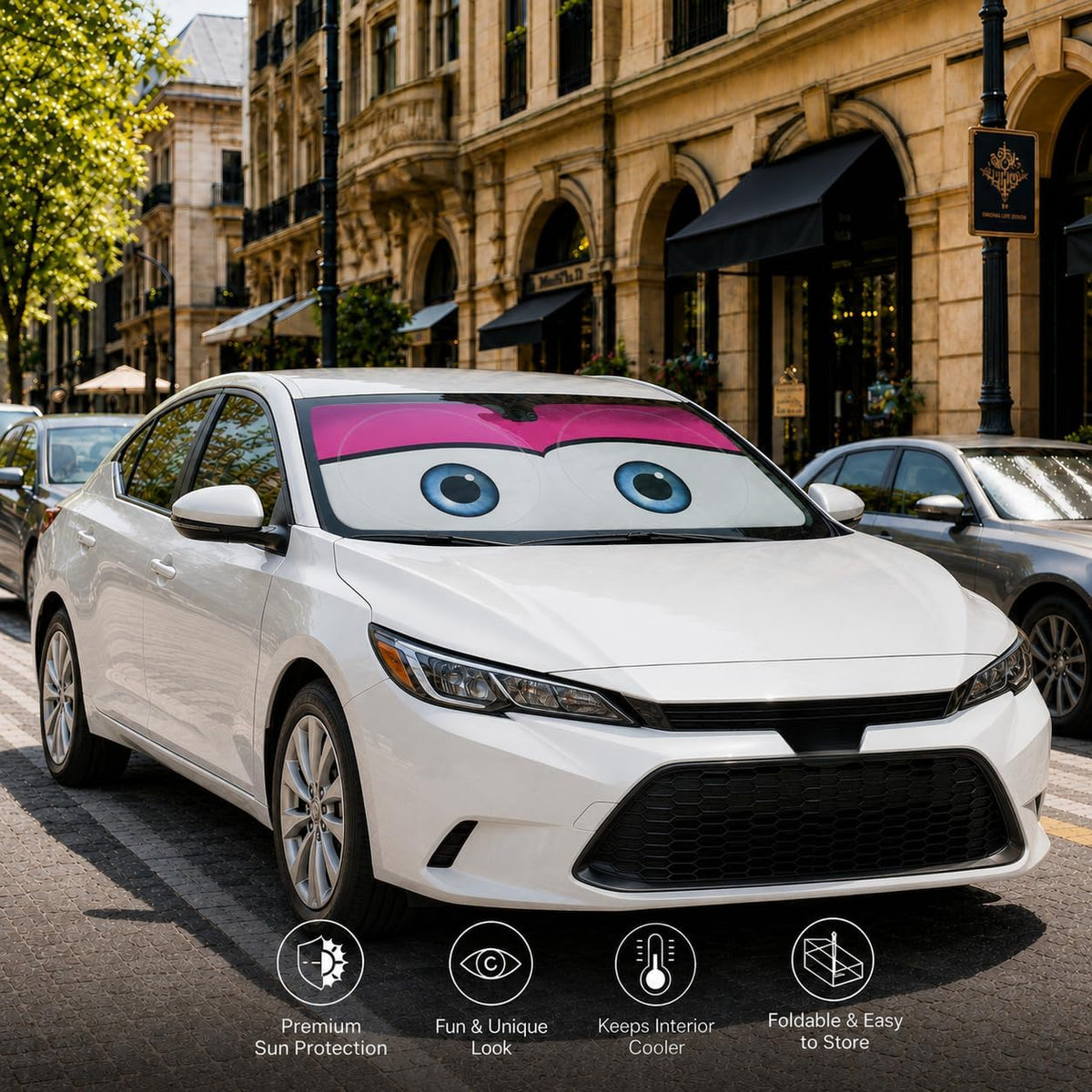 Car Windshield Sun Shade, Funny Cartoon Eyes Sun Visor for Car Windshield Universal Fits Sedan Compact Car Hatchback SUV, UV Heat Protection - 59 x 27.5
