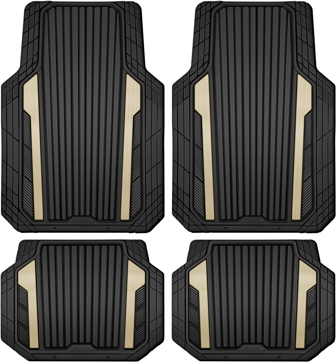CAR PASS Heavy Duty Rubber Car Mats Metallic, Aluminum Film All Weather Floor Mats Waterproof Universal Trim to Fit Automotive SUV Sedan Van 4 Piece Anodized Deep Dish Two-Tone Sporty Black Red Chrome