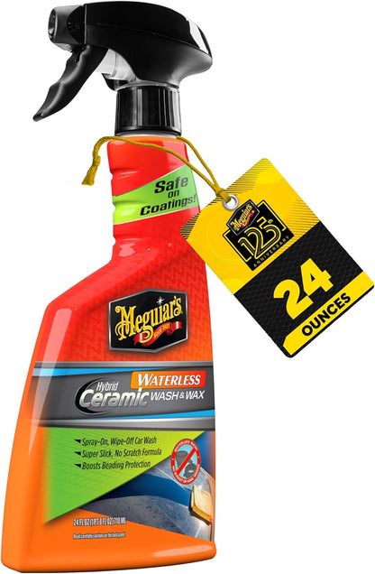 Meguiar's Hybrid Ceramic Waterless Wash & Wax - Waterless Car Wash Spray with Ceramic Chemistry for a Slick, Protective Barrier - No-Scratch Formula for Glossy Paint and Ceramic Coatings, 24 Oz
