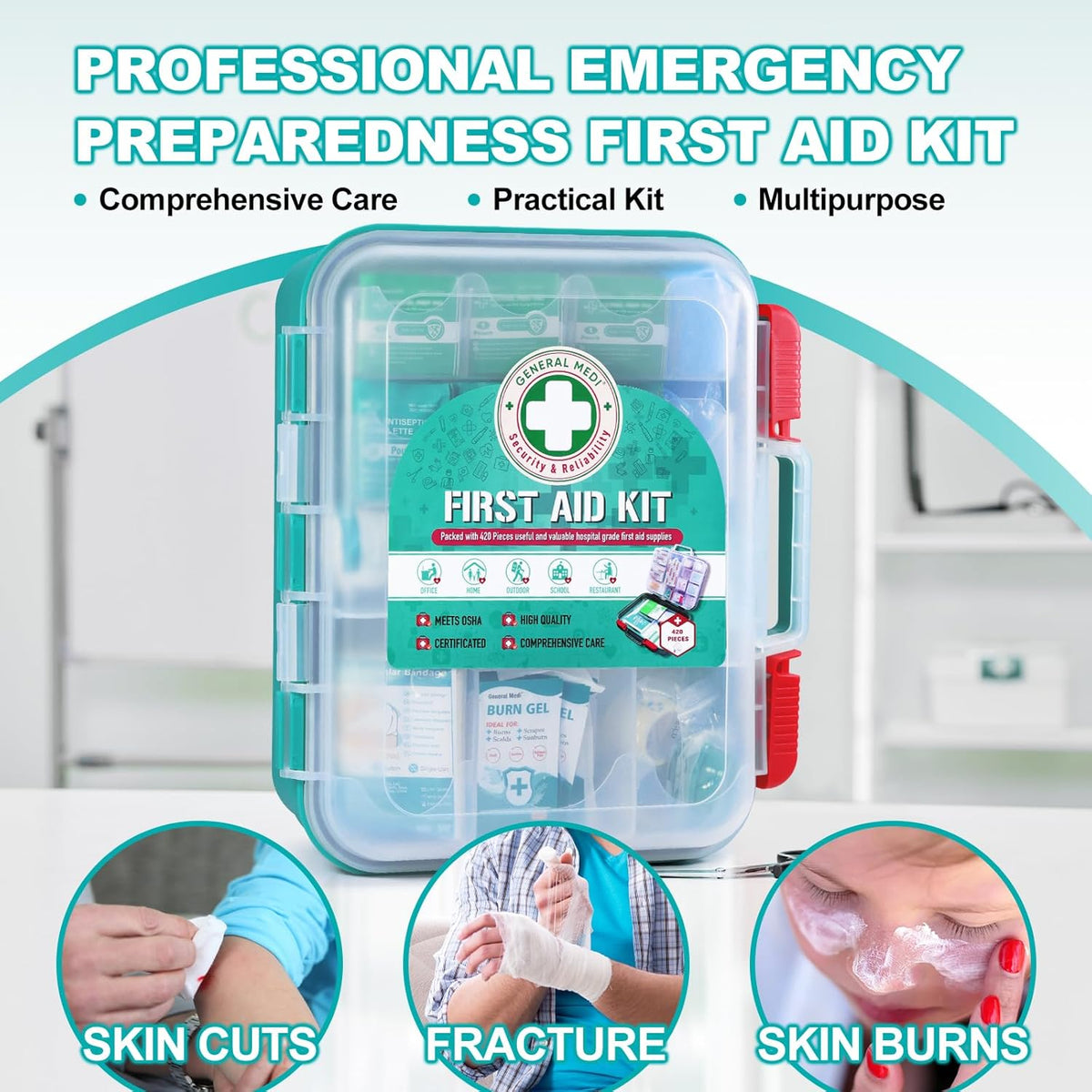 General Medi 110 Pieces Small First Aid Kit - HardCase First Aid Box - Contains Premium Medical Supplies for Travel, Home, Office, Vehicle, Camping, Workplace & Outdoor