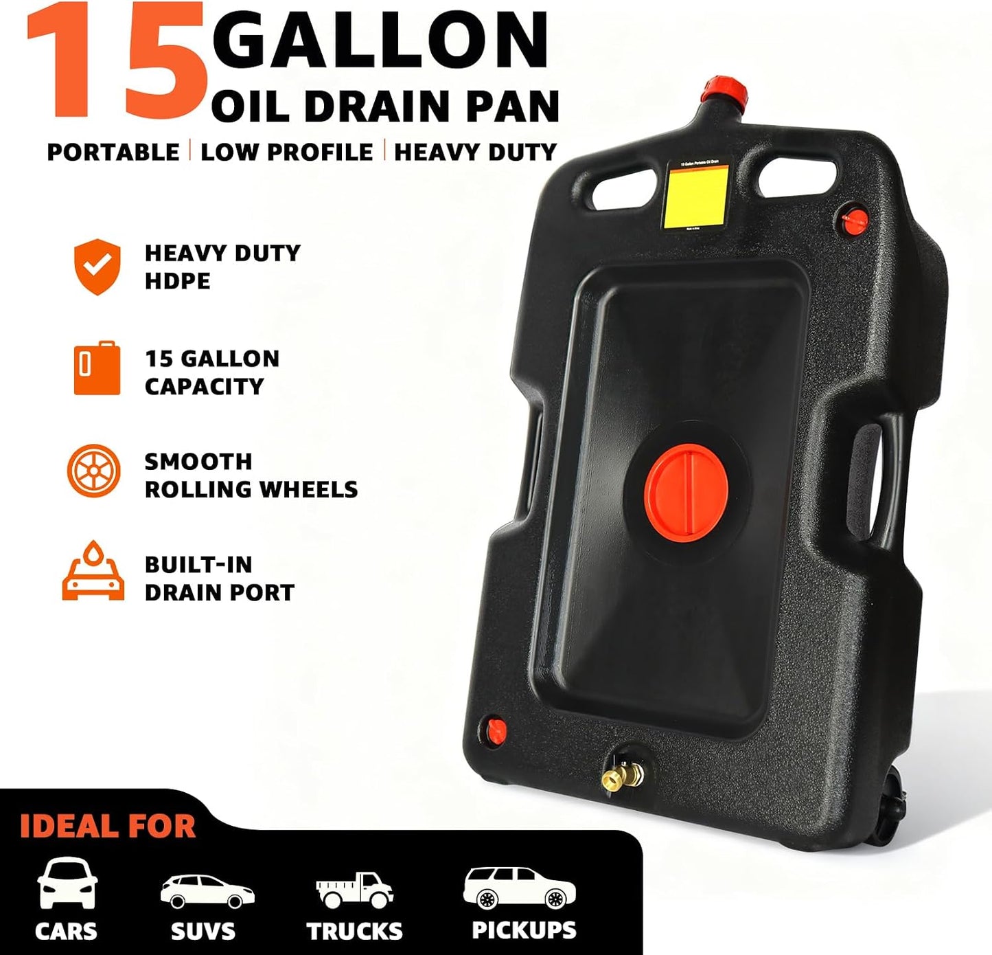 HKTE 2.6Gallon（10L） Oil Drain Pan, Heavy Duty Leak-Proof Low Profile HDPE Container with Wide Mouth Funnel & Reinforced Handles for Cars, SUVs & Trucks