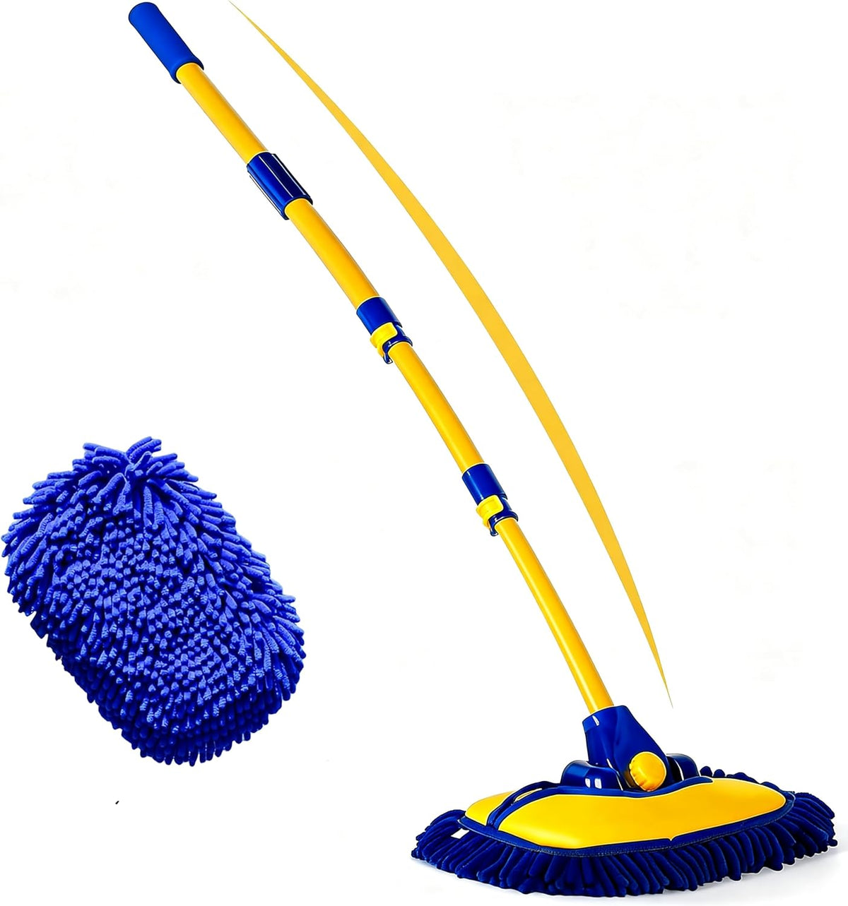 57'' Car Wash Brush with Long Handle Chenille Microfiber Car Wash Kit， Mitt Retractable Bent Pole Car Wash Brush for Cars RV Truck Boat (Yellow)