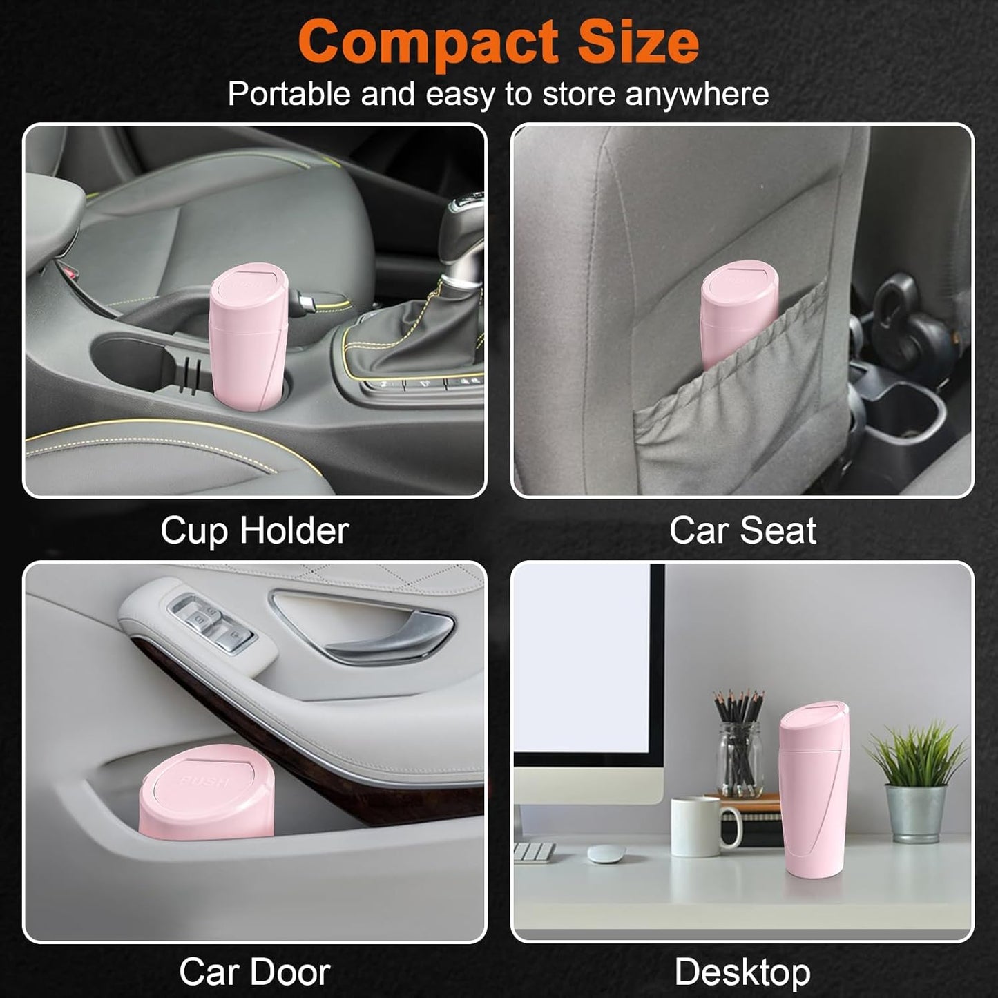 Car Trash Can, 2 Packs Mini Car Trash Bin with Lid, Leakproof Cup Holder Car Garbage Can with 60 Trash Bags, Vehicle Front Back Seat Organizers and Storage for Car, Home, Office, Black